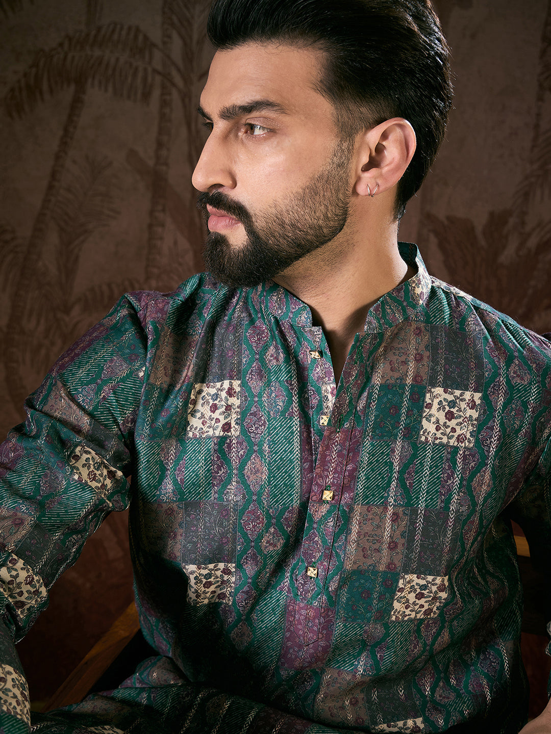 Men Sea Green Silk Blend Ethnic Motifs Printed Straight Kurta With Trouser-MKSET1913