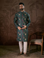 Men Sea Green Silk Blend Ethnic Motifs Printed Straight Kurta With Trouser-MKSET1913