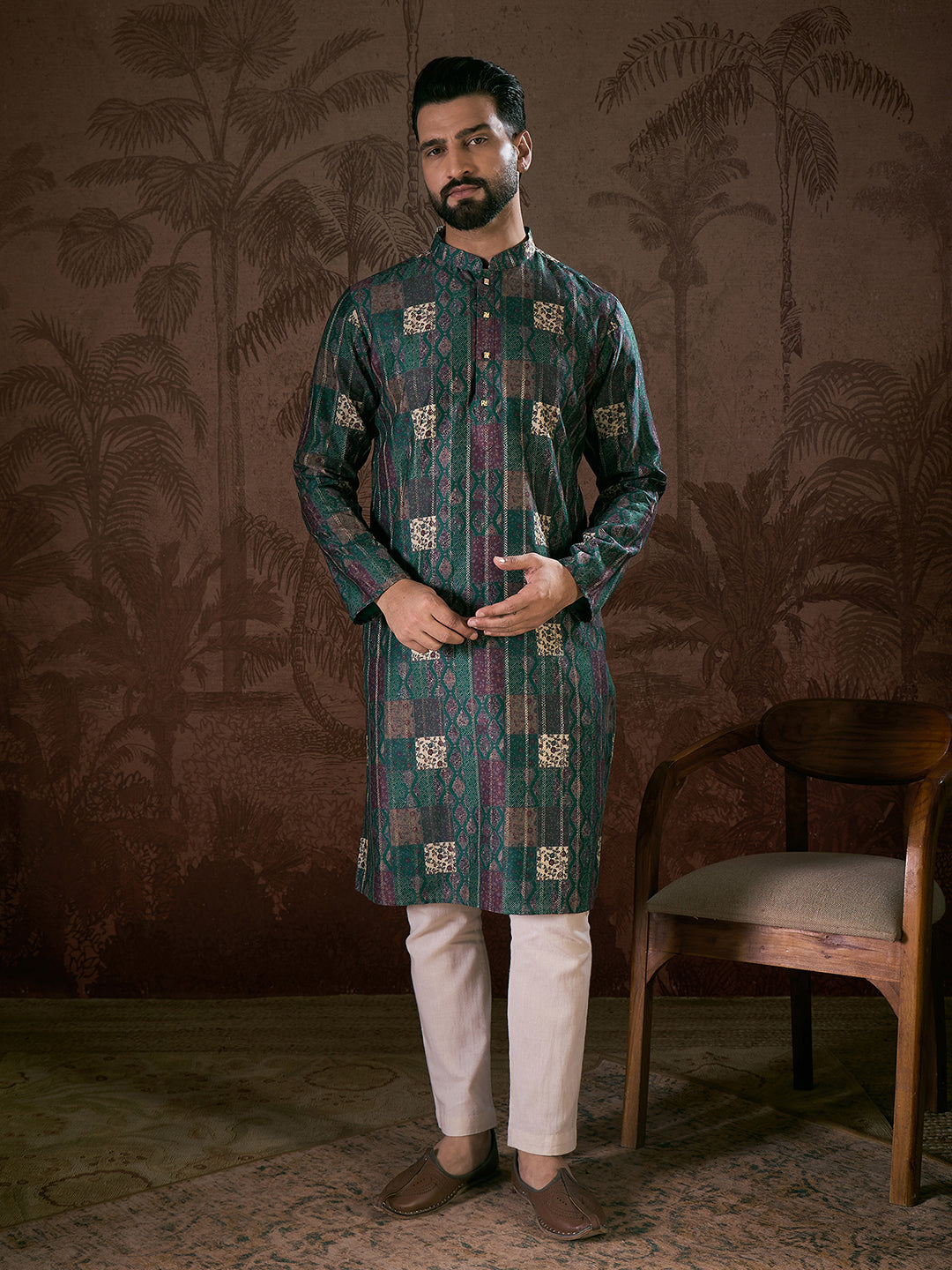 Men Sea Green Silk Blend Ethnic Motifs Printed Straight Kurta With Trouser-MKSET1913