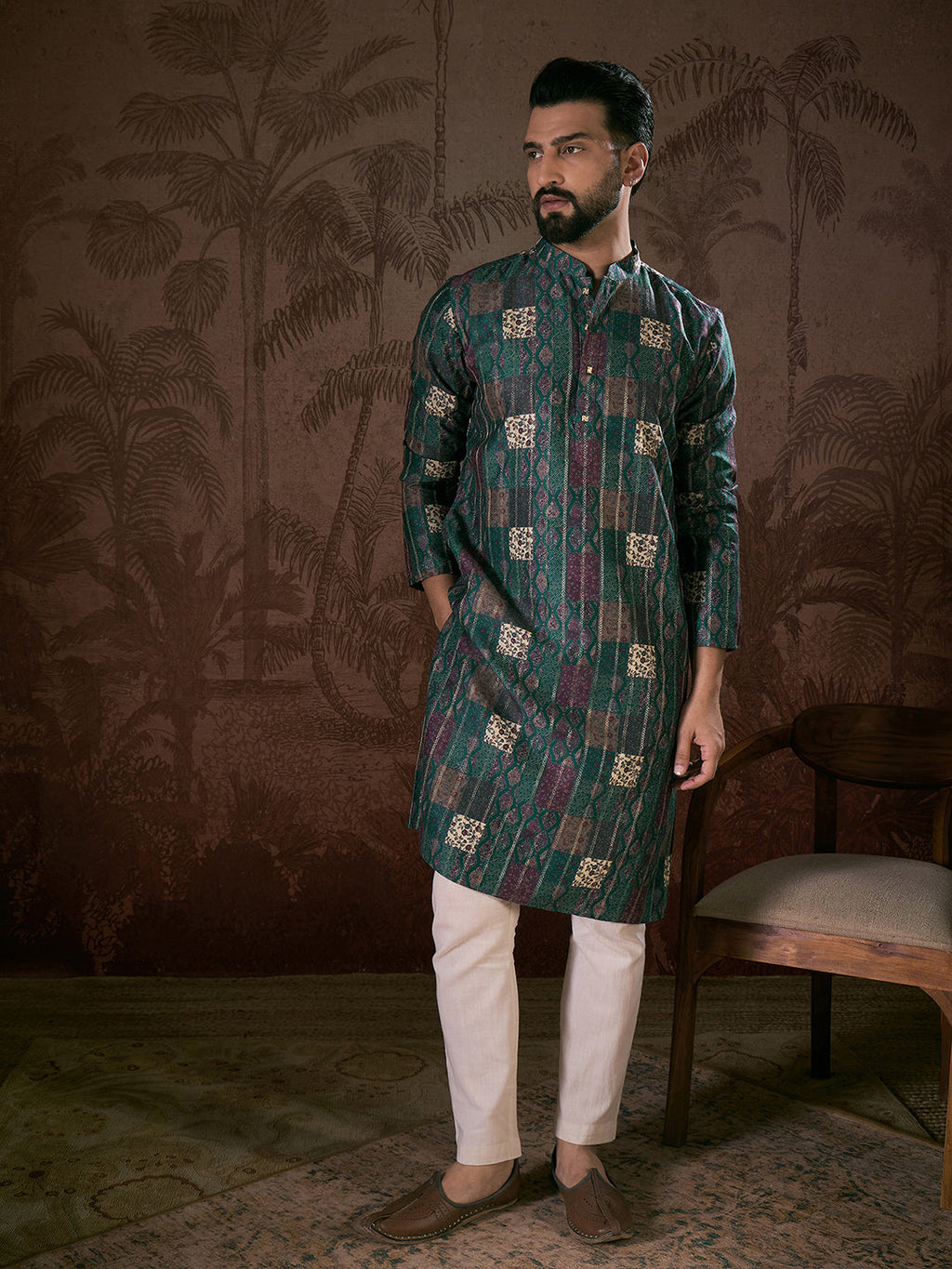 Men Sea Green Silk Blend Ethnic Motifs Printed Straight Kurta With Trouser-MKSET1913