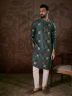 Men Sea Green Silk Blend Ethnic Motifs Printed Straight Kurta With Trouser-MKSET1913