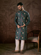 Men Sea Green Silk Blend Ethnic Motifs Printed Straight Kurta With Trouser-MKSET1913