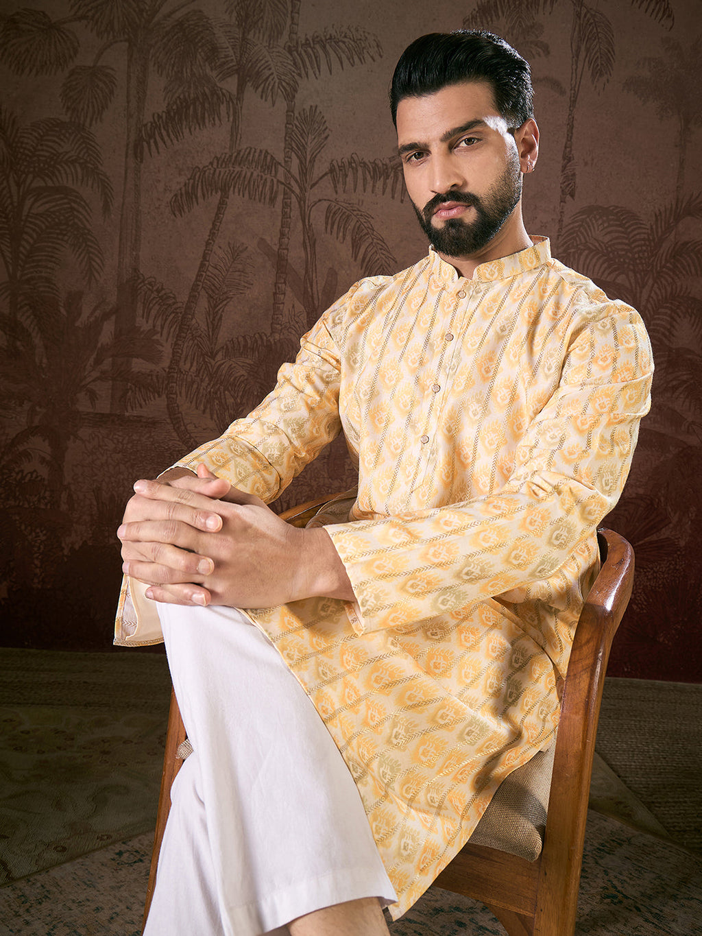 Men White Silk Blend Ethnic Motifs Printed Straight Kurta With Trouser-MKSET1914