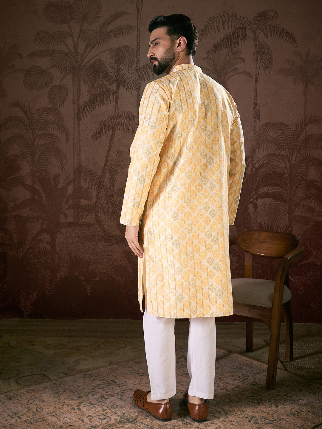 Men White Silk Blend Ethnic Motifs Printed Straight Kurta With Trouser-MKSET1914