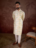 Men Off White Silk Blend Floral Printed Straight Kurta With Trouser-MKSET1915