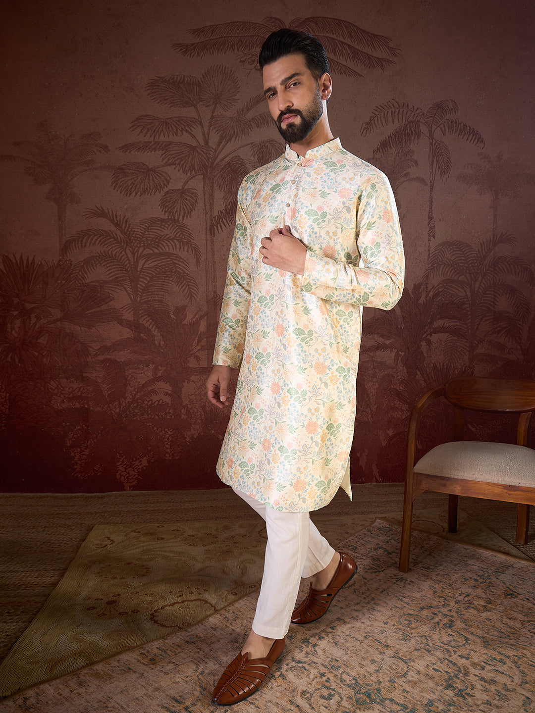 Men Off White Silk Blend Floral Printed Straight Kurta With Trouser-MKSET1915