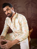 Men Off White Silk Blend Floral Printed Straight Kurta With Trouser-MKSET1915
