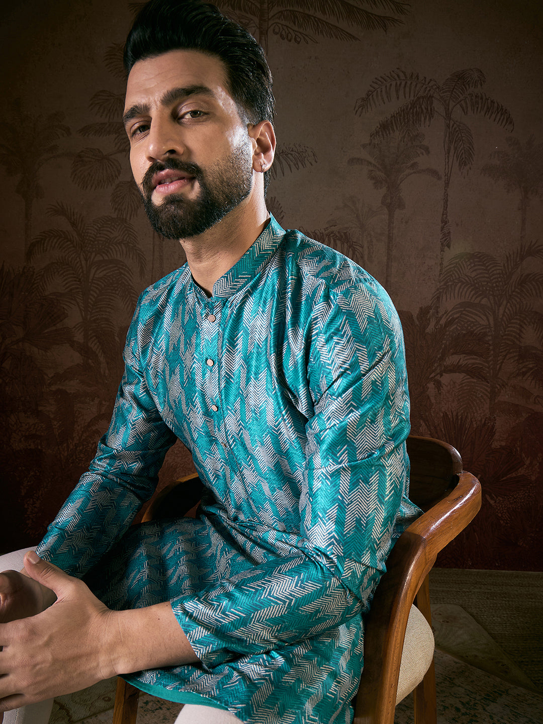 Men Turquoise Blue Silk Blend Chevron Printed Straight Kurta With Trouser-MKSET1916