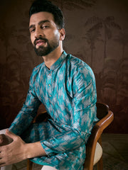 Men Turquoise Blue Silk Blend Chevron Printed Straight Kurta With Trouser-MKSET1916
