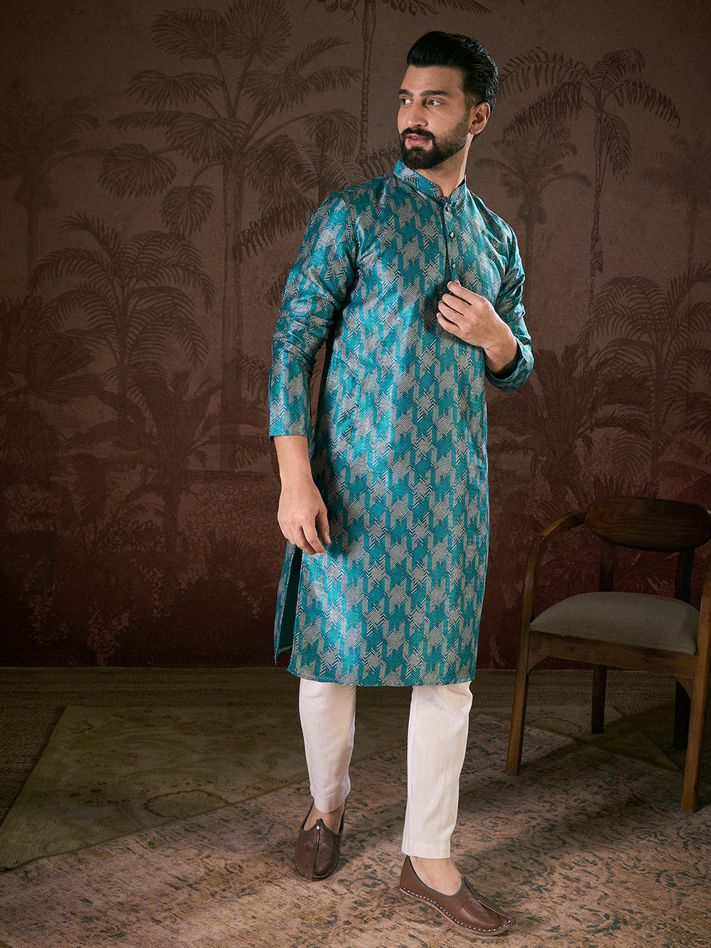 Men Turquoise Blue Silk Blend Chevron Printed Straight Kurta With Trouser-MKSET1916