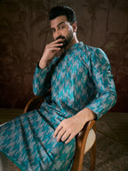 Men Turquoise Blue Silk Blend Chevron Printed Straight Kurta With Trouser-MKSET1916