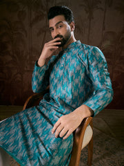 Men Turquoise Blue Silk Blend Chevron Printed Straight Kurta With Trouser-MKSET1916