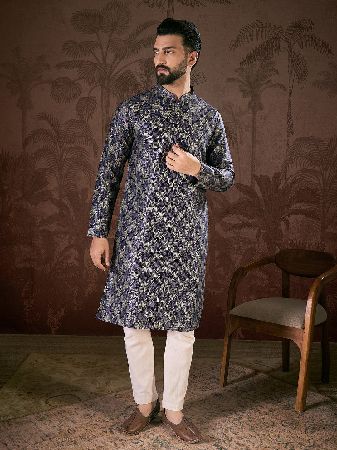 Men Violet Silk Blend Chevron Printed Straight Kurta With Trouser-MKSET1917
