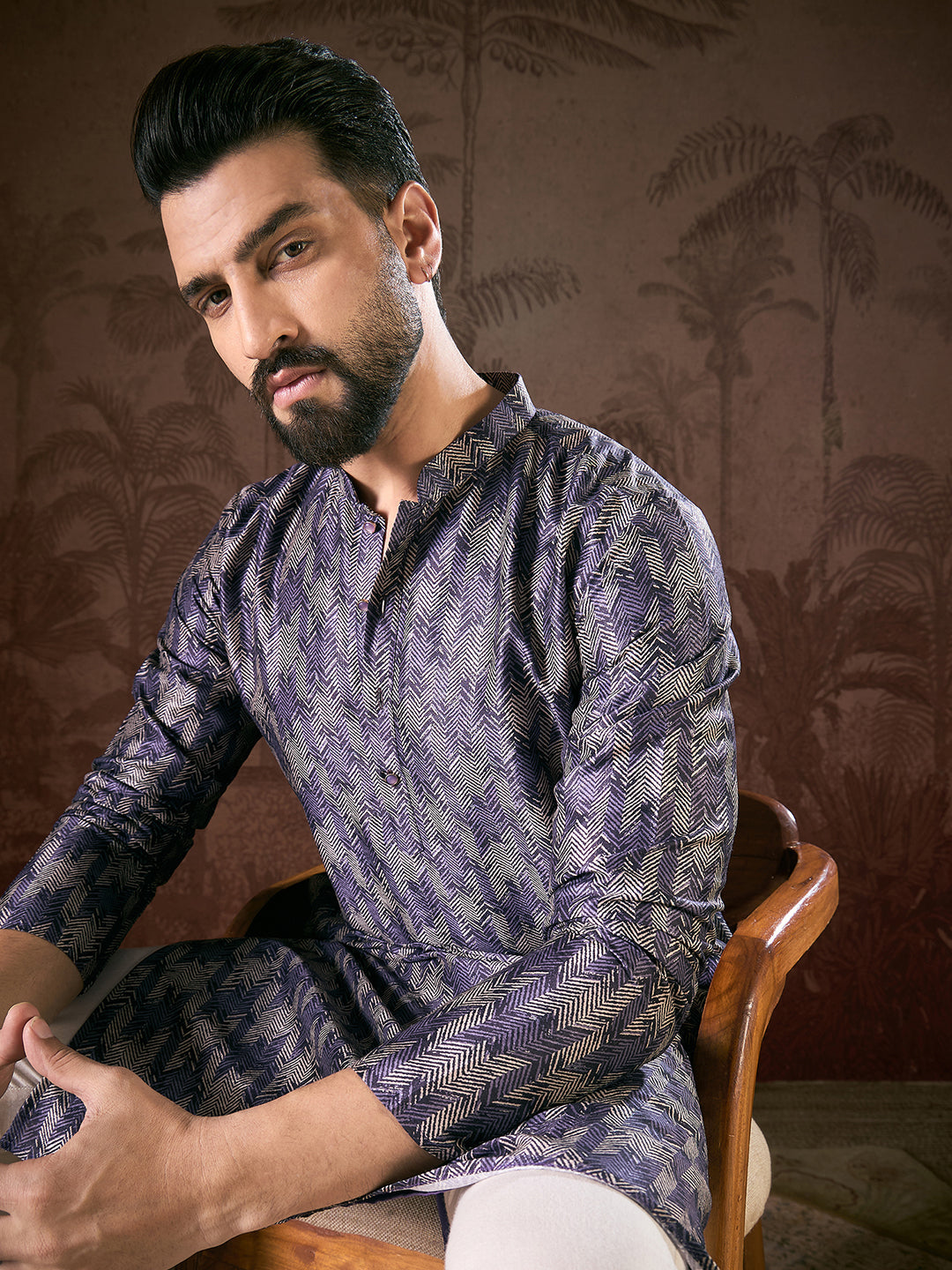 Men Violet Silk Blend Chevron Printed Straight Kurta With Trouser-MKSET1917
