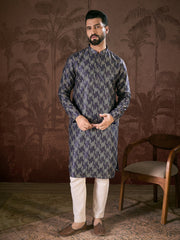 Men Violet Silk Blend Chevron Printed Straight Kurta With Trouser-MKSET1917