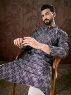 Men Violet Silk Blend Chevron Printed Straight Kurta With Trouser-MKSET1917