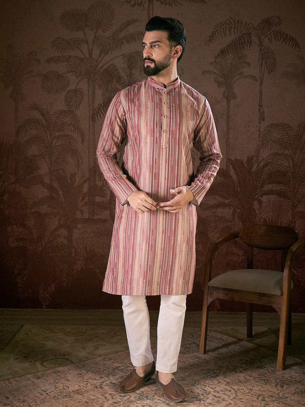 Men Mauve Silk Blend Floral Printed Straight Kurta With Trouser-MKSET1919
