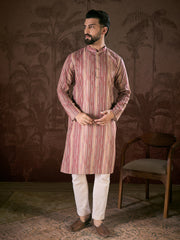 Men Mauve Silk Blend Floral Printed Straight Kurta With Trouser-MKSET1919