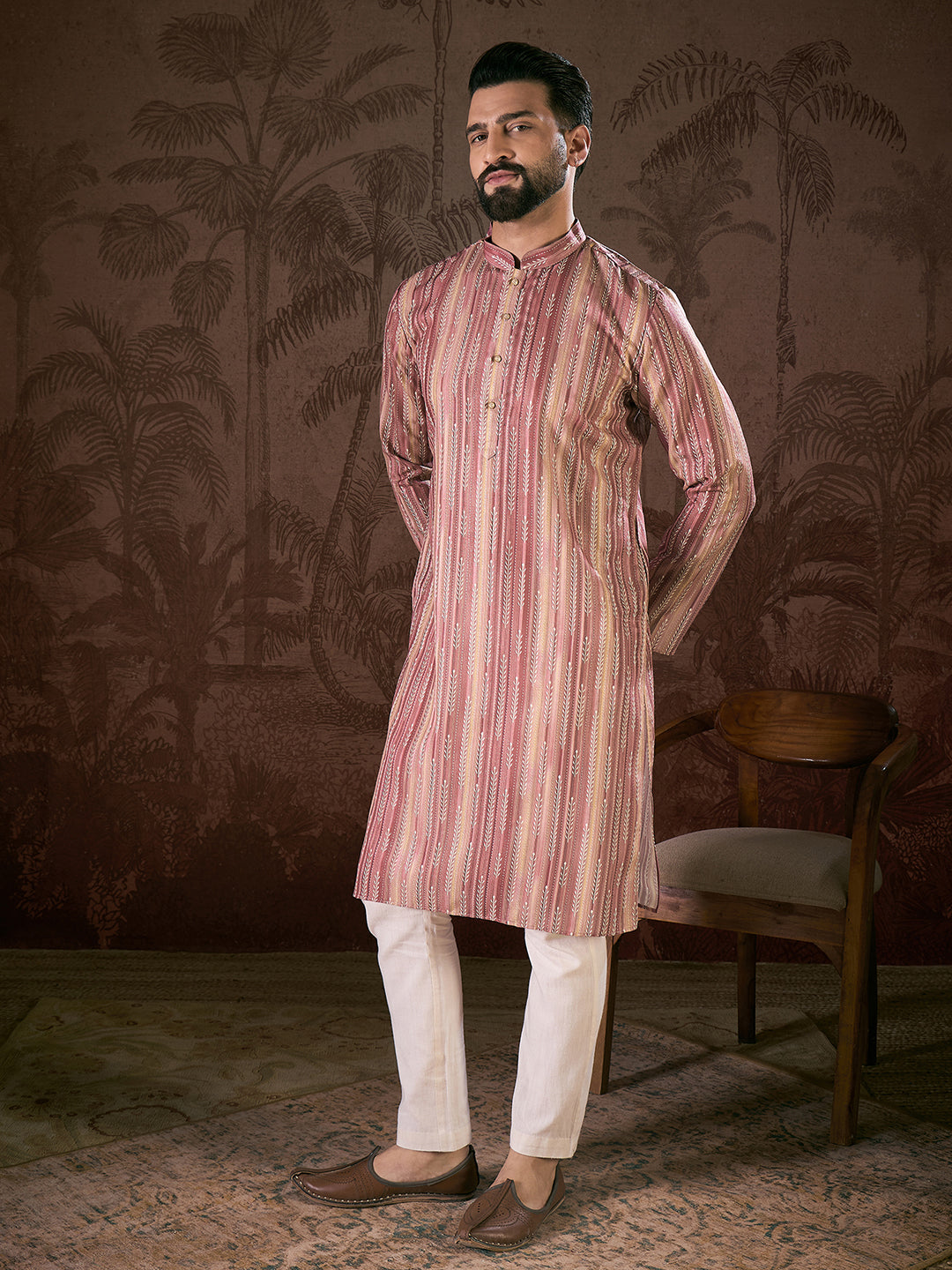 Men Mauve Silk Blend Floral Printed Straight Kurta With Trouser-MKSET1919