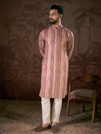 Men Mauve Silk Blend Floral Printed Straight Kurta With Trouser-MKSET1919