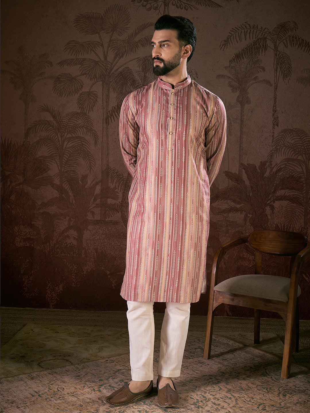 Men Mauve Silk Blend Floral Printed Straight Kurta With Trouser-MKSET1919