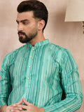 Men Green Silk Blend Floral Printed Straight Kurta With Trouser-MKSET1920
