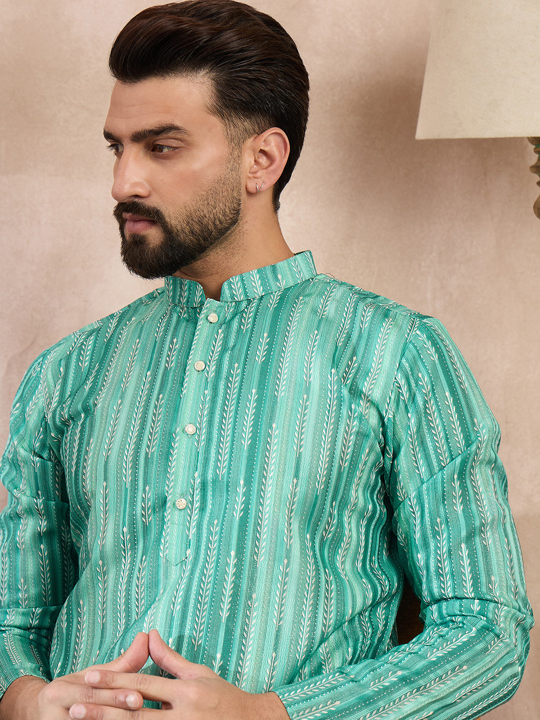 Men Green Silk Blend Floral Printed Straight Kurta With Trouser-MKSET1920