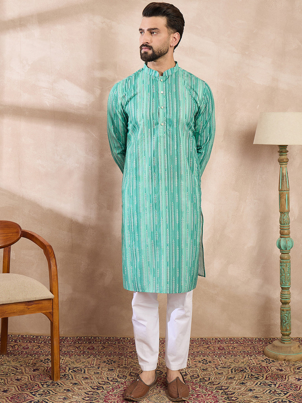Men Green Silk Blend Floral Printed Straight Kurta With Trouser-MKSET1920