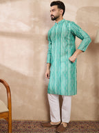 Men Green Silk Blend Floral Printed Straight Kurta With Trouser-MKSET1920