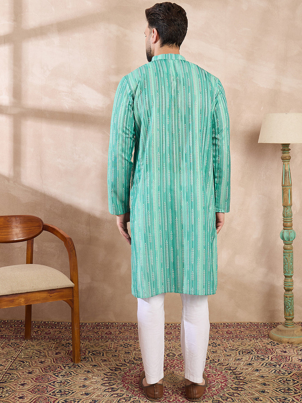 Men Green Silk Blend Floral Printed Straight Kurta With Trouser-MKSET1920
