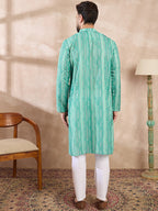 Men Green Silk Blend Floral Printed Straight Kurta With Trouser-MKSET1920