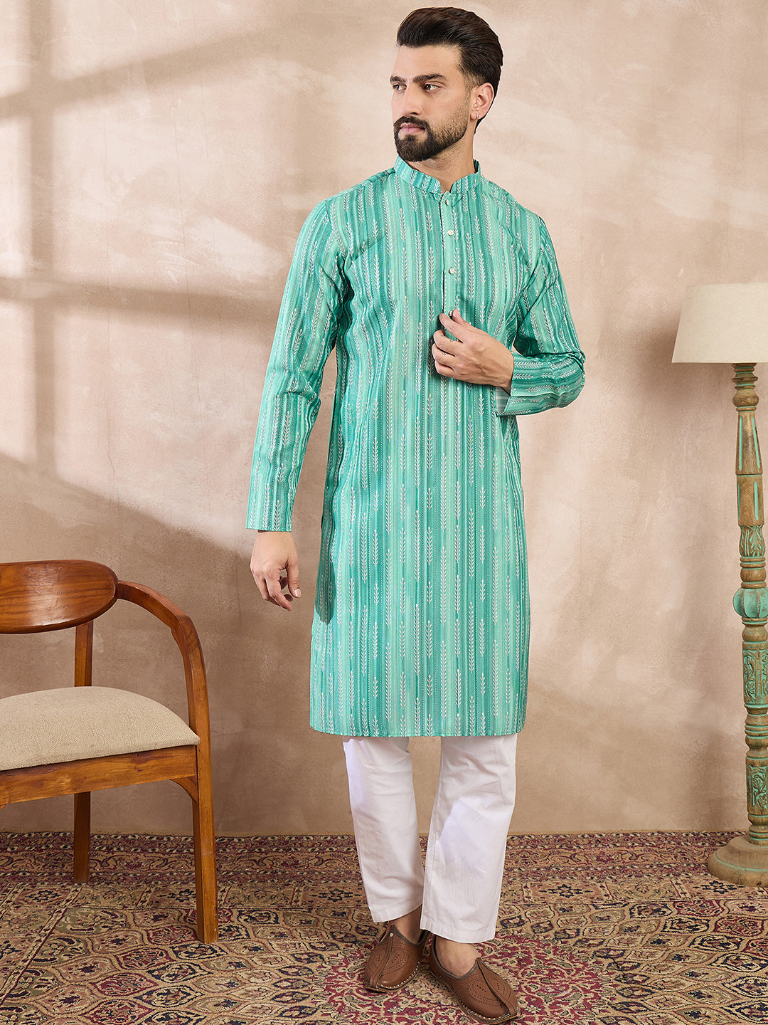 Men Green Silk Blend Floral Printed Straight Kurta With Trouser-MKSET1920