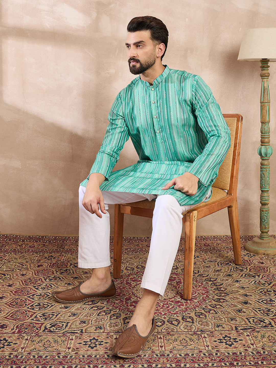 Men Green Silk Blend Floral Printed Straight Kurta With Trouser-MKSET1920