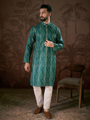 Men Turquoise Blue Silk Blend Floral Printed Straight Kurta With Trouser-MKSET1921