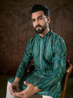 Men Turquoise Blue Silk Blend Floral Printed Straight Kurta With Trouser-MKSET1921