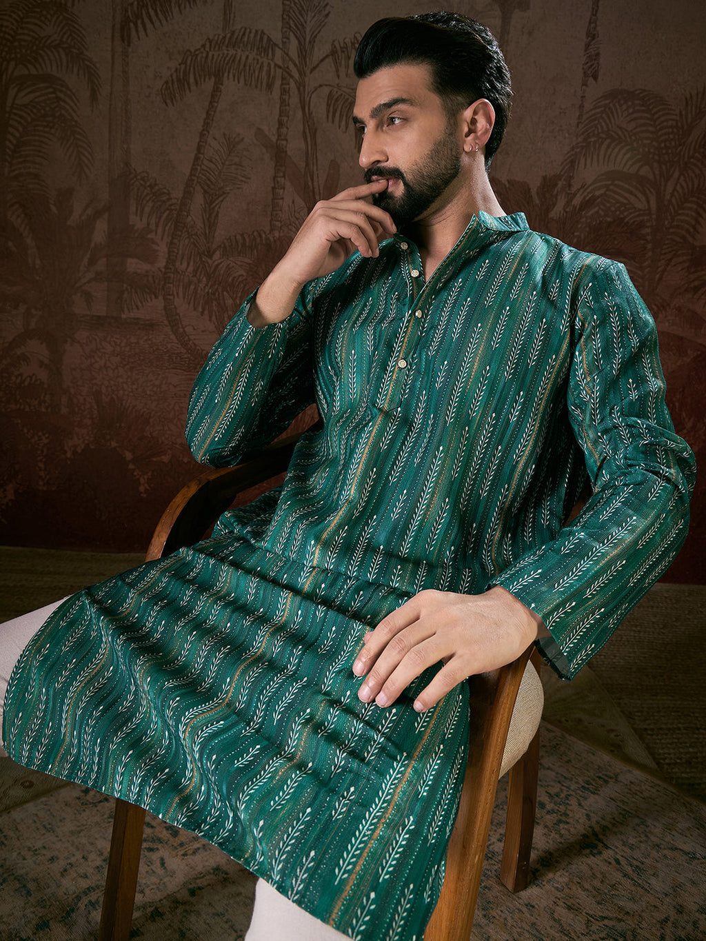 Men Turquoise Blue Silk Blend Floral Printed Straight Kurta With Trouser-MKSET1921