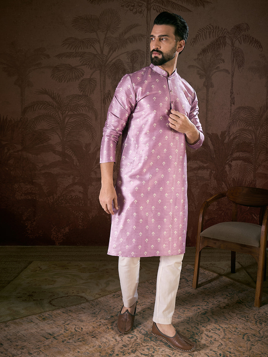 Men Lavender Silk Blend Floral Printed Straight Kurta With Trouser-MKSET1922