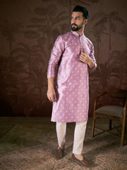 Men Lavender Silk Blend Floral Printed Straight Kurta With Trouser-MKSET1922