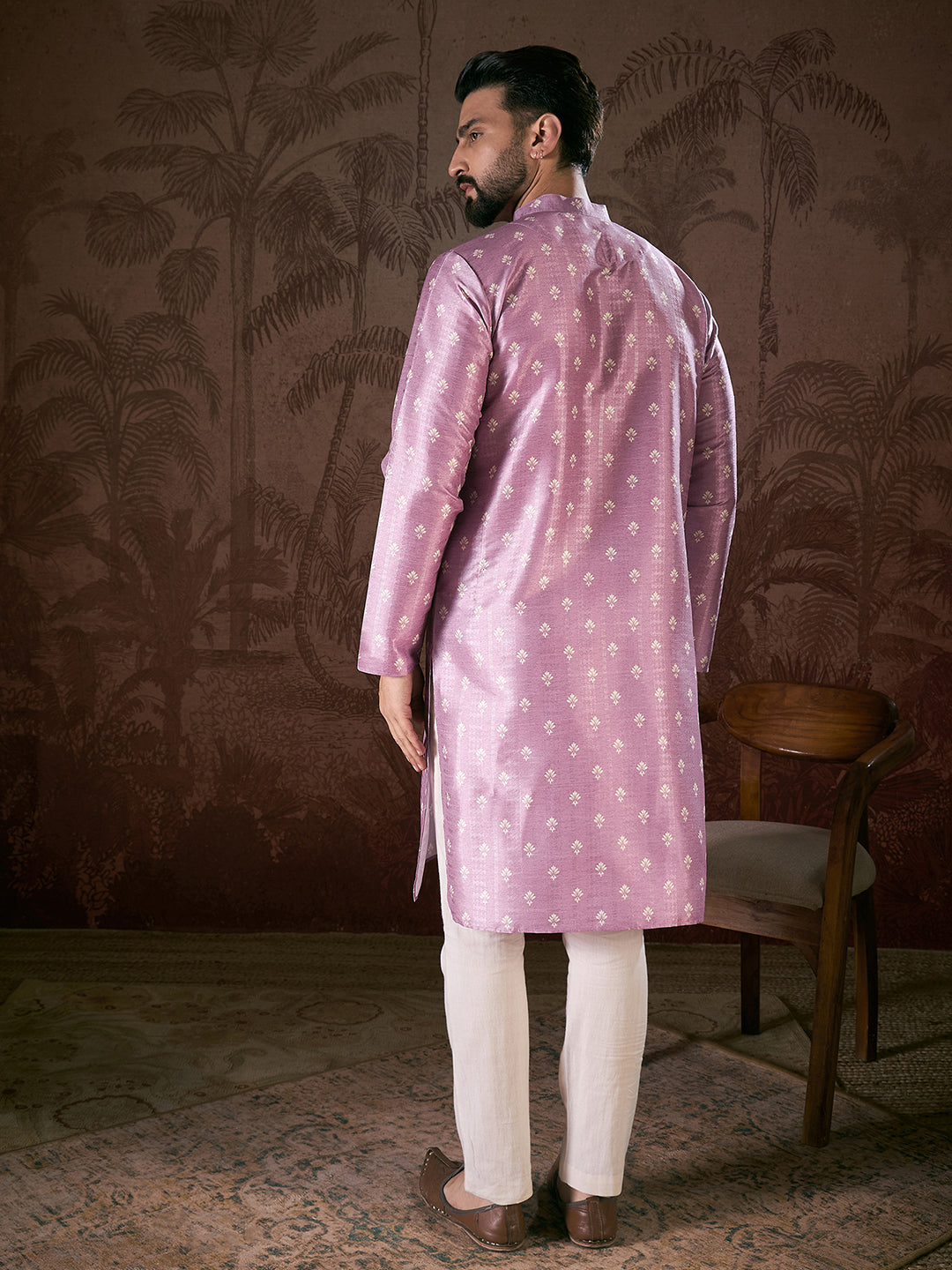 Men Lavender Silk Blend Floral Printed Straight Kurta With Trouser-MKSET1922