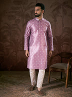 Men Lavender Silk Blend Floral Printed Straight Kurta With Trouser-MKSET1922
