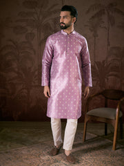 Men Lavender Silk Blend Floral Printed Straight Kurta With Trouser-MKSET1922