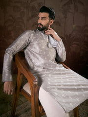 Men Grey Silk Blend Floral Printed Straight Kurta With Trouser-MKSET1923
