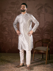 Men Grey Silk Blend Floral Printed Straight Kurta With Trouser-MKSET1923