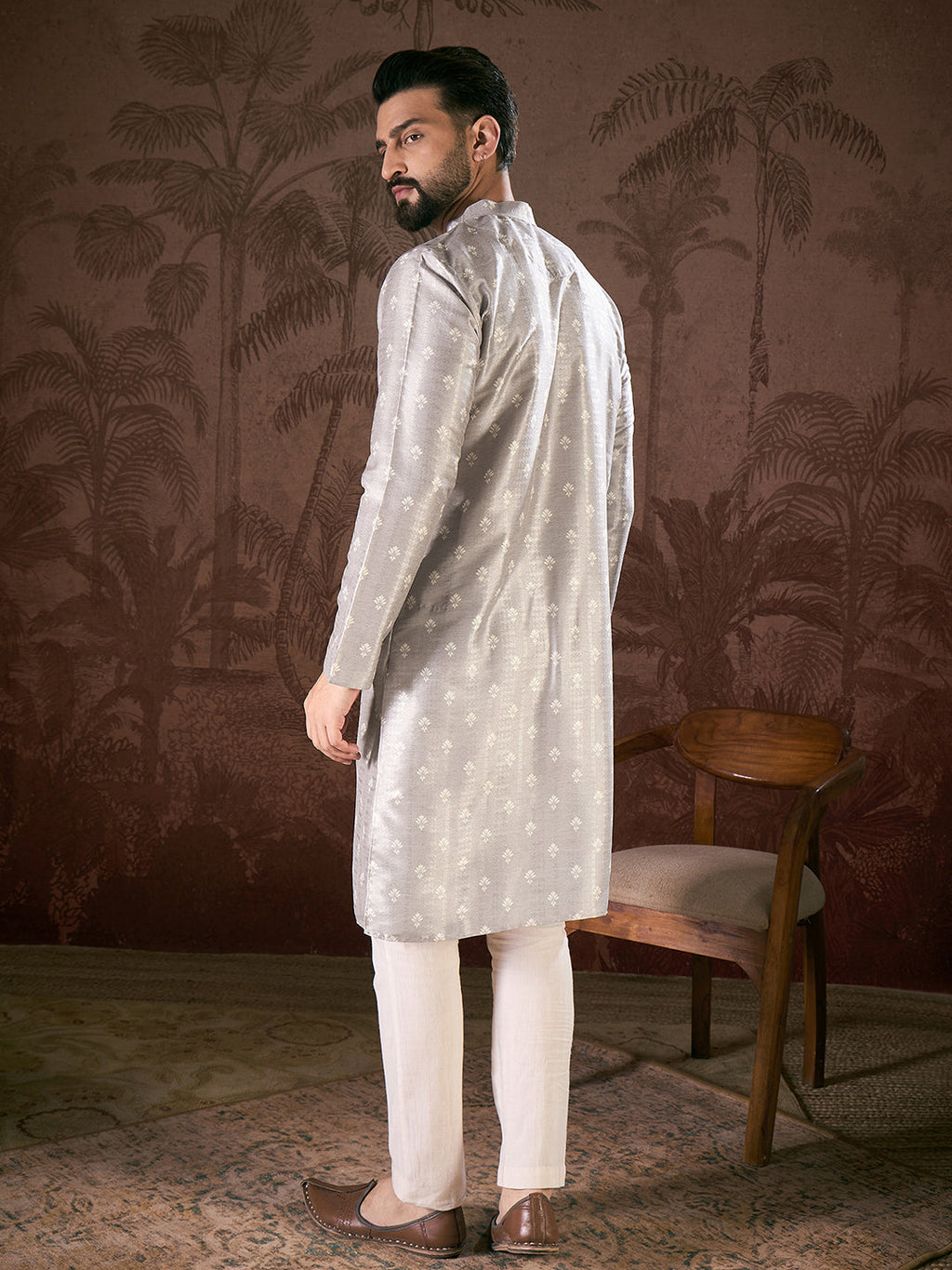 Men Grey Silk Blend Floral Printed Straight Kurta With Trouser-MKSET1923