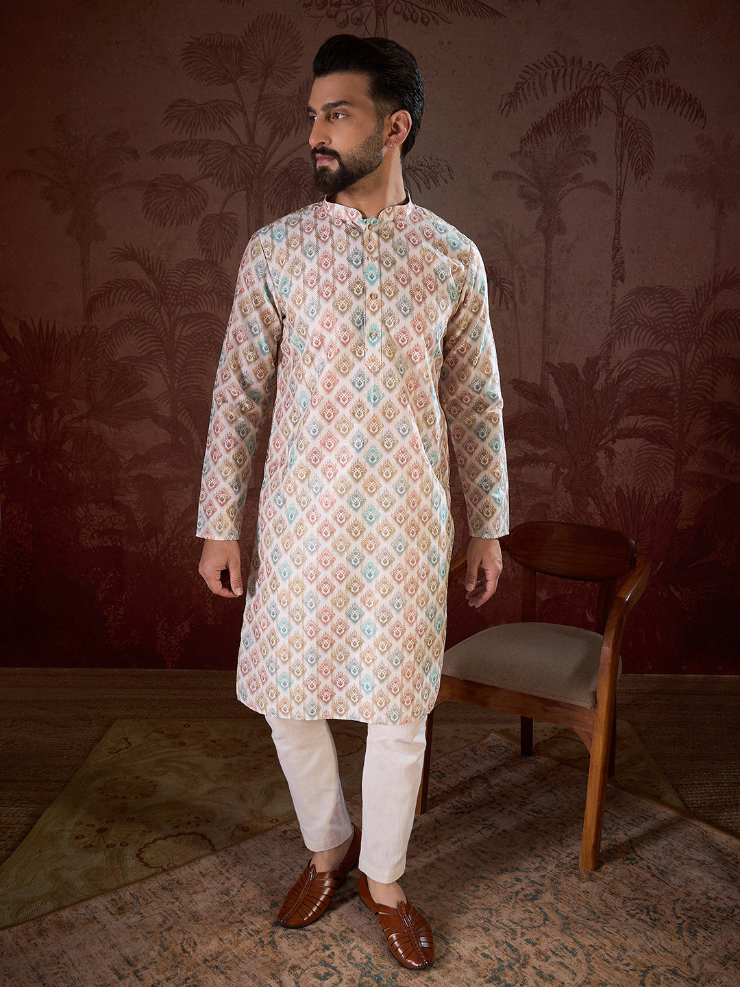 Men White Silk Blend Ethnic Motifs Printed Straight Kurta With Trouser-MKSET1924