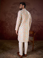 Men White Silk Blend Ethnic Motifs Printed Straight Kurta With Trouser-MKSET1924