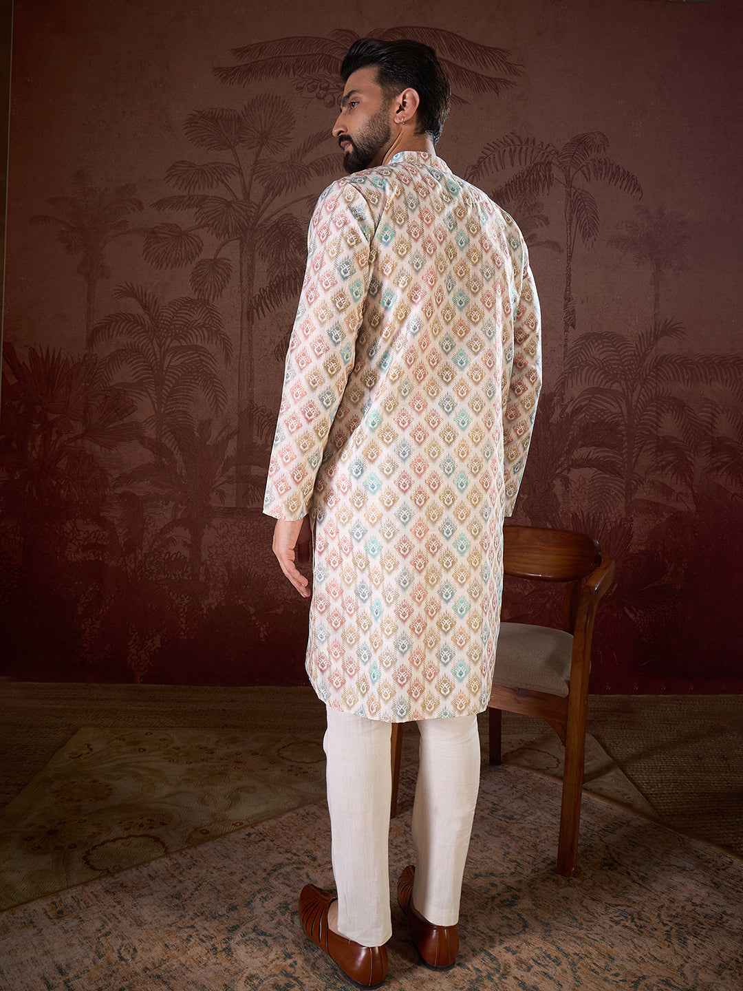 Men White Silk Blend Ethnic Motifs Printed Straight Kurta With Trouser-MKSET1924