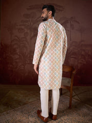 Men White Silk Blend Ethnic Motifs Printed Straight Kurta With Trouser-MKSET1924