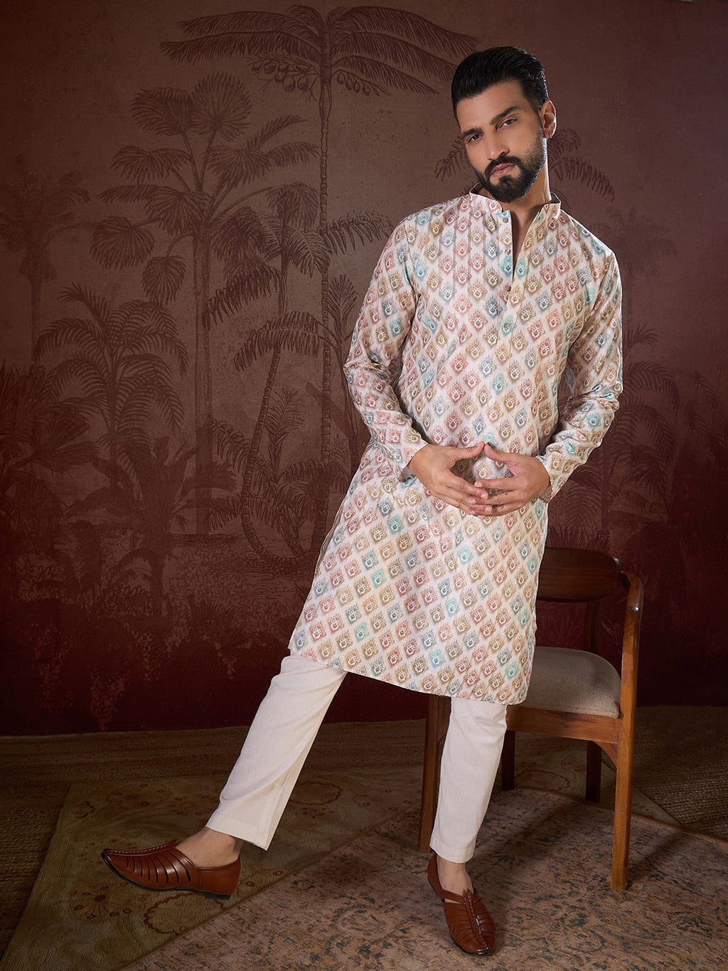 Men White Silk Blend Ethnic Motifs Printed Straight Kurta With Trouser-MKSET1924