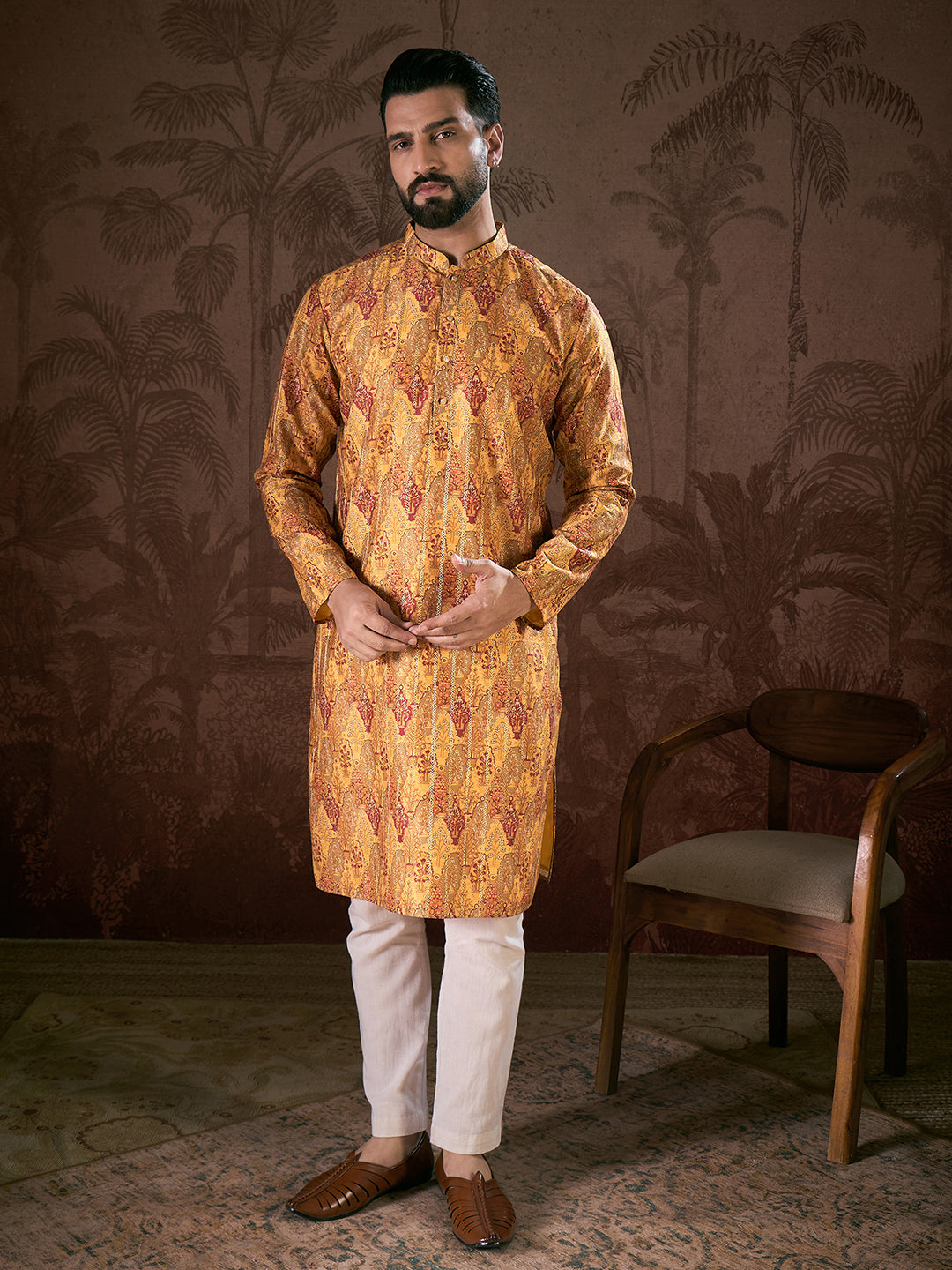 Men Mustard Silk Blend Ethnic Motifs Printed Straight Kurta With Trouser-MKSET1925